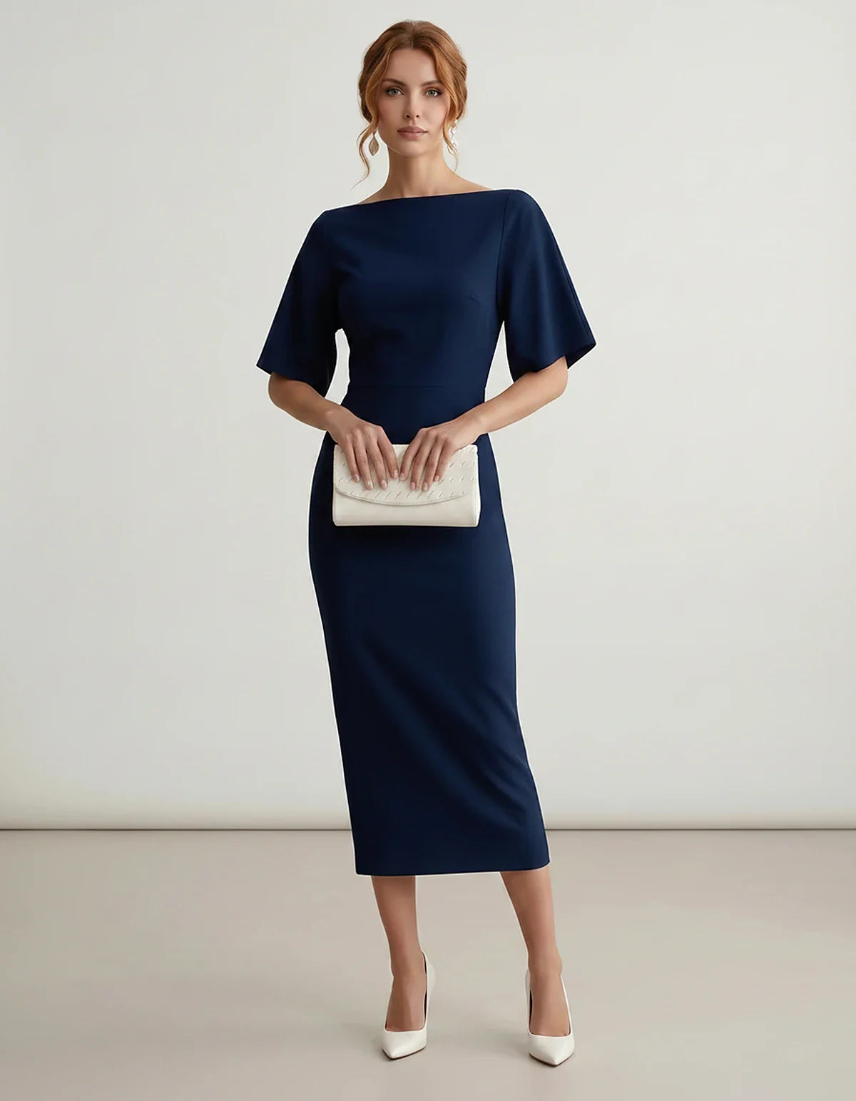 Polyester Short Sleeve Slash Neck Pencil Midi Dress for Party, Cocktail, Evening, Wedding Guest, Summer Events, front view | | SKU: AMD-583920174628451-NAVY-L,AMD-583920174628451-NAVY-M,AMD-583920174628451-NAVY-S,AMD-583920174628451-NAVY-XL,AMD-583920174628451-NAVY-XS