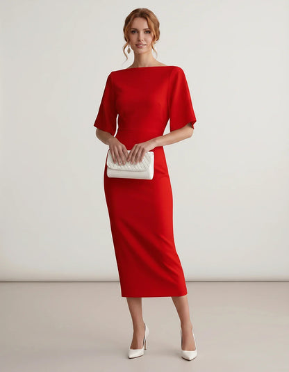 Polyester Short Sleeve Slash Neck Pencil Midi Dress for Party, Cocktail, Evening, Wedding Guest, Summer Events, front view | | SKU: AMD-583920174628451-RED-L,AMD-583920174628451-RED-M,AMD-583920174628451-RED-S,AMD-583920174628451-RED-XL,AMD-583920174628451-RED-XS