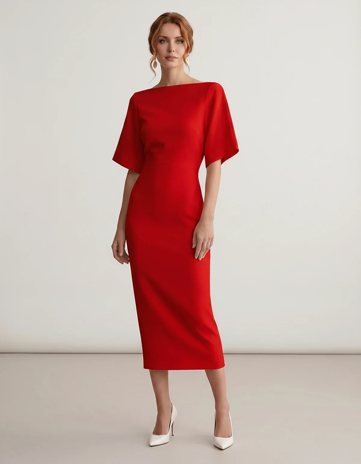 Polyester Short Sleeve Slash Neck Pencil Midi Dress for Party, Cocktail, Evening, Wedding Guest, Summer Events, front view | | SKU: AMD-583920174628451-RED-L,AMD-583920174628451-RED-M,AMD-583920174628451-RED-S,AMD-583920174628451-RED-XL,AMD-583920174628451-RED-XS