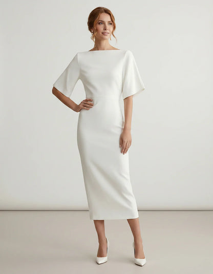 Polyester Short Sleeve Slash Neck Pencil Midi Dress for Party, Cocktail, Evening, Wedding Guest, Summer Events, front view | | SKU: AMD-583920174628451-RED-L,AMD-583920174628451-RED-M,AMD-583920174628451-RED-S,AMD-583920174628451-RED-XL,AMD-583920174628451-RED-XS