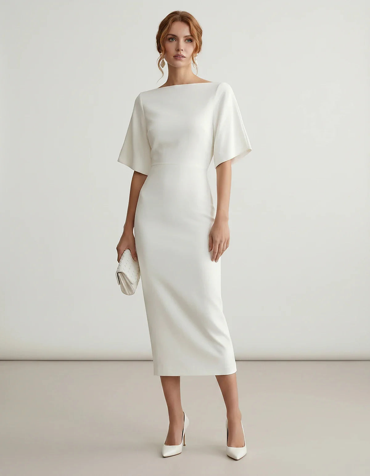 Polyester Short Sleeve Slash Neck Pencil Midi Dress for Party, Cocktail, Evening, Wedding Guest, Summer Events, front view | | SKU: AMD-583920174628451-RED-L,AMD-583920174628451-RED-M,AMD-583920174628451-RED-S,AMD-583920174628451-RED-XL,AMD-583920174628451-RED-XS
