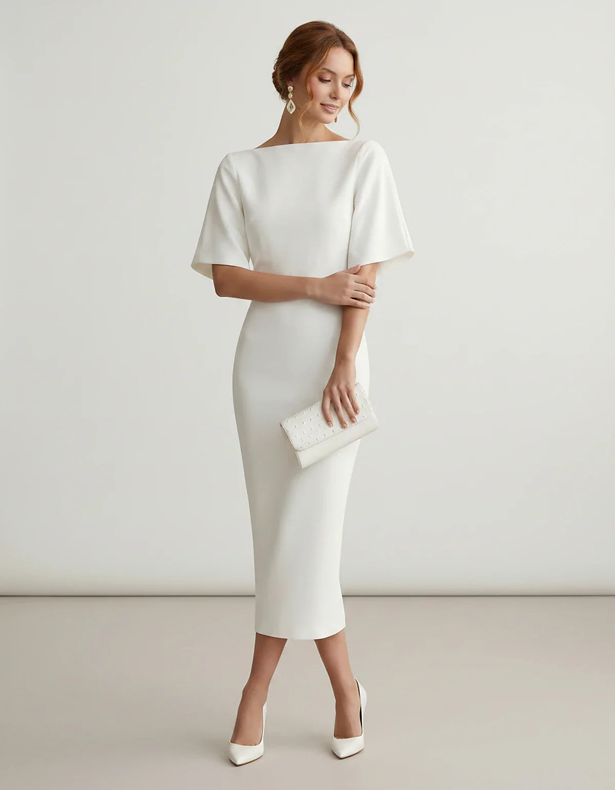 Polyester Short Sleeve Slash Neck Pencil Midi Dress for Party, Cocktail, Evening, Wedding Guest, Summer Events, front view | | SKU: AMD-583920174628451-RED-L,AMD-583920174628451-RED-M,AMD-583920174628451-RED-S,AMD-583920174628451-RED-XL,AMD-583920174628451-RED-XS