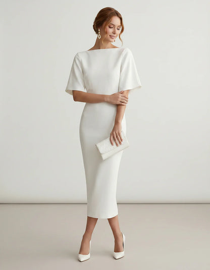 Polyester Short Sleeve Slash Neck Pencil Midi Dress for Party, Cocktail, Evening, Wedding Guest, Summer Events, front view | | SKU: AMD-583920174628451-RED-L,AMD-583920174628451-RED-M,AMD-583920174628451-RED-S,AMD-583920174628451-RED-XL,AMD-583920174628451-RED-XS