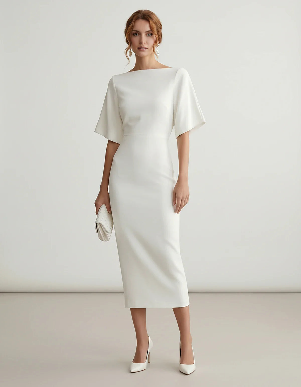 Polyester Short Sleeve Slash Neck Pencil Midi Dress for Party, Cocktail, Evening, Wedding Guest, Summer Events in White, fron