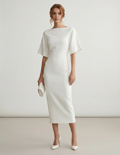 Polyester Short Sleeve Slash Neck Pencil Midi Dress for Party, Cocktail, Evening, Wedding Guest, Summer Events in White, fron