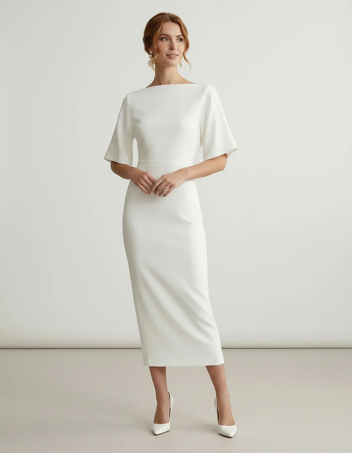 Polyester Short Sleeve Slash Neck Pencil Midi Dress for Party, Cocktail, Evening, Wedding Guest, Summer Events, front view | | SKU: AMD-583920174628451-WHITE-L,AMD-583920174628451-WHITE-M,AMD-583920174628451-WHITE-S,AMD-583920174628451-WHITE-XL,AMD-583920174628451-WHITE-XS