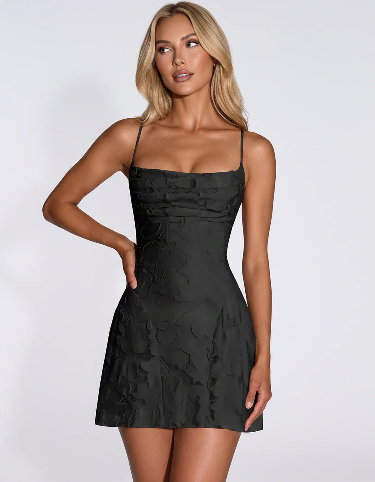 Floral Jacquard Spaghetti Strap Square Neck Fitted Mini Dress with Open Back for Party, Cocktail, Prom, Graduation, Wedding G | SKU: AMD-483917560284731-BLACK-L,AMD-483917560284731-BLACK-M,AMD-483917560284731-BLACK-S,AMD-483917560284731-BLACK-XL,AMD-483917560284731-BLACK-XS