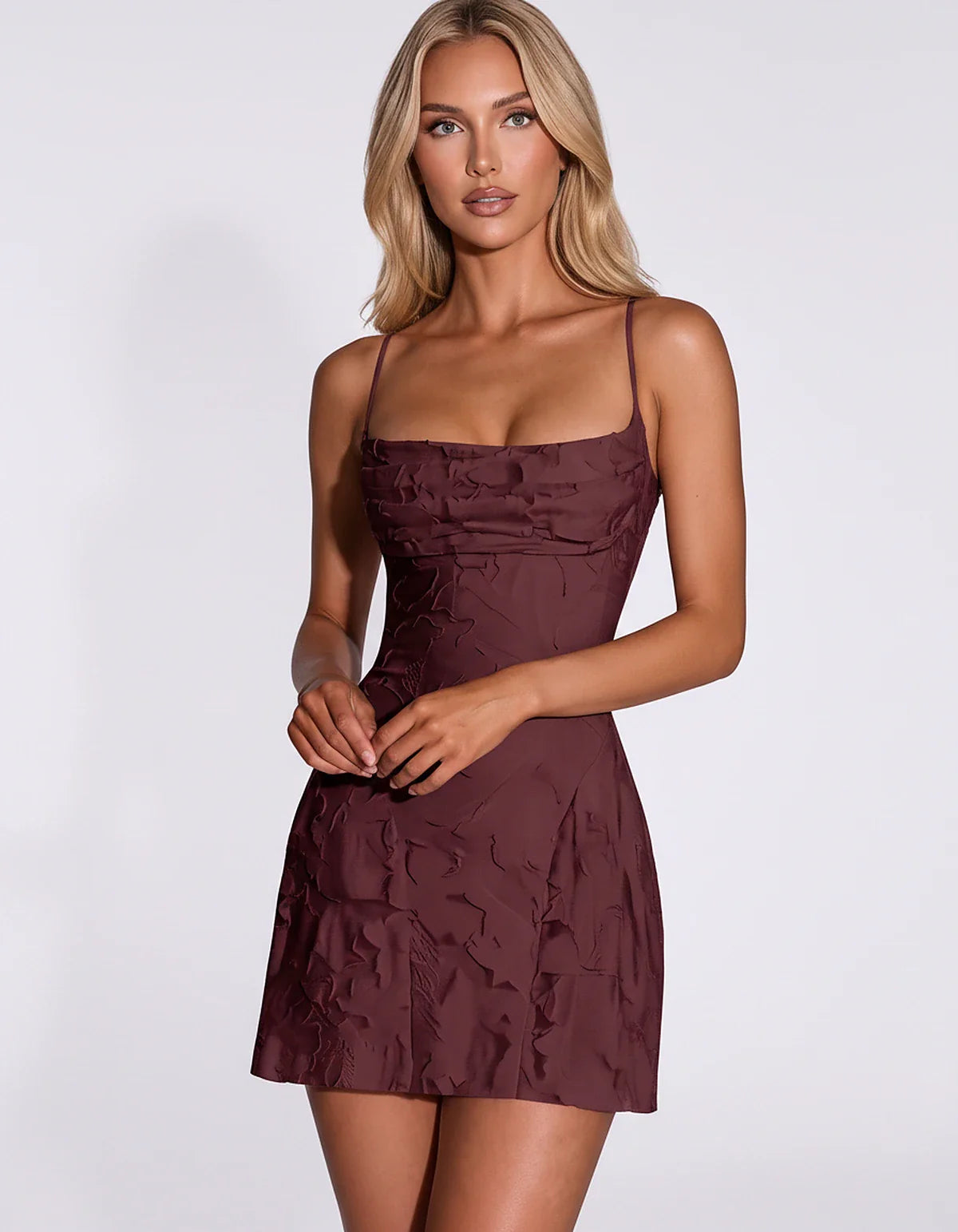 Floral Jacquard Spaghetti Strap Square Neck Fitted Mini Dress with Open Back for Party, Cocktail, Prom, Graduation, Wedding G | SKU: AMD-483917560284731-BURGUNDY-L,AMD-483917560284731-BURGUNDY-M,AMD-483917560284731-BURGUNDY-S,AMD-483917560284731-BURGUNDY-XL,AMD-483917560284731-BURGUNDY-XS