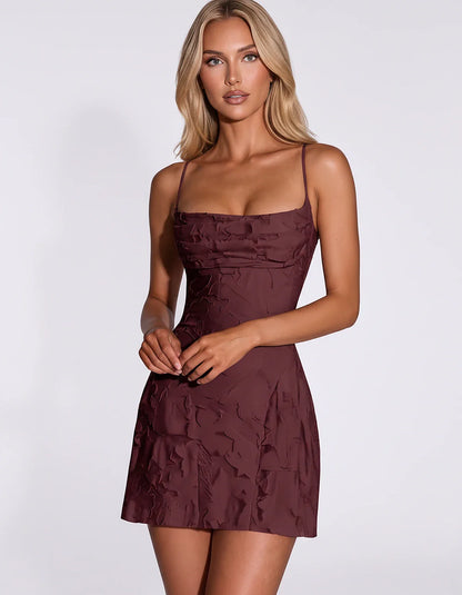 Floral Jacquard Spaghetti Strap Square Neck Fitted Mini Dress with Open Back for Party, Cocktail, Prom, Graduation, Wedding G | SKU: AMD-483917560284731-BURGUNDY-L,AMD-483917560284731-BURGUNDY-M,AMD-483917560284731-BURGUNDY-S,AMD-483917560284731-BURGUNDY-XL,AMD-483917560284731-BURGUNDY-XS