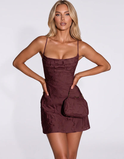 Floral Jacquard Spaghetti Strap Square Neck Fitted Mini Dress with Open Back for Party, Cocktail, Prom, Graduation, Wedding G | SKU: AMD-483917560284731-BURGUNDY-L,AMD-483917560284731-BURGUNDY-M,AMD-483917560284731-BURGUNDY-S,AMD-483917560284731-BURGUNDY-XL,AMD-483917560284731-BURGUNDY-XS