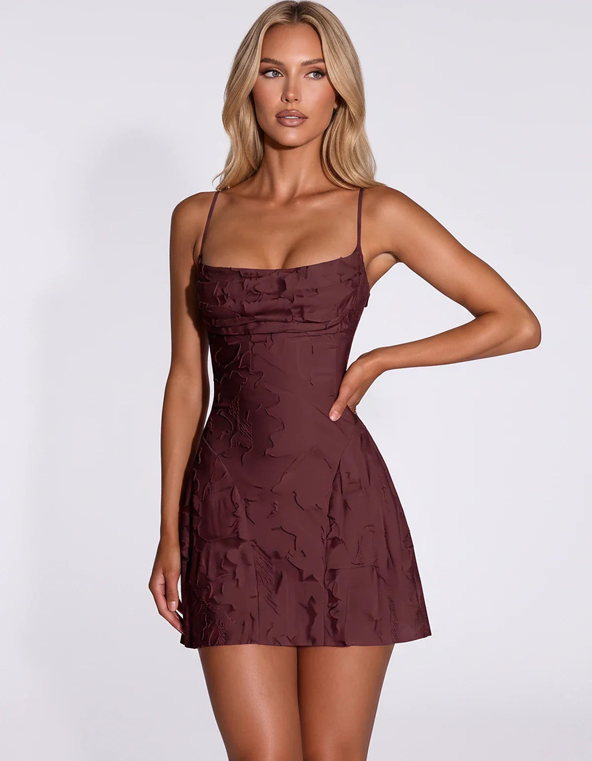 Floral Jacquard Spaghetti Strap Square Neck Fitted Mini Dress with Open Back for Party, Cocktail, Prom, Graduation, Wedding G | SKU: AMD-483917560284731-BURGUNDY-L,AMD-483917560284731-BURGUNDY-M,AMD-483917560284731-BURGUNDY-S,AMD-483917560284731-BURGUNDY-XL,AMD-483917560284731-BURGUNDY-XS