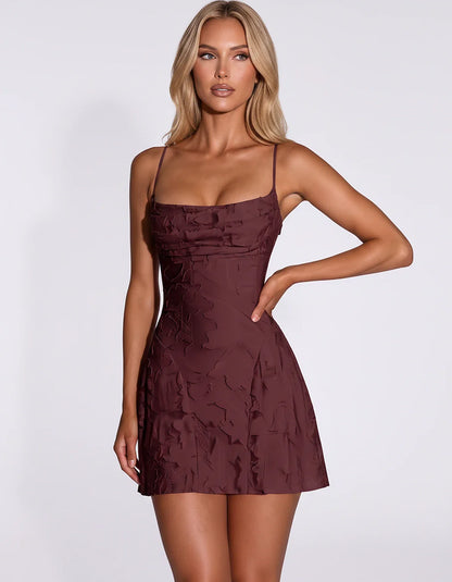 Floral Jacquard Spaghetti Strap Square Neck Fitted Mini Dress with Open Back for Party, Cocktail, Prom, Graduation, Wedding G | SKU: AMD-483917560284731-BURGUNDY-L,AMD-483917560284731-BURGUNDY-M,AMD-483917560284731-BURGUNDY-S,AMD-483917560284731-BURGUNDY-XL,AMD-483917560284731-BURGUNDY-XS