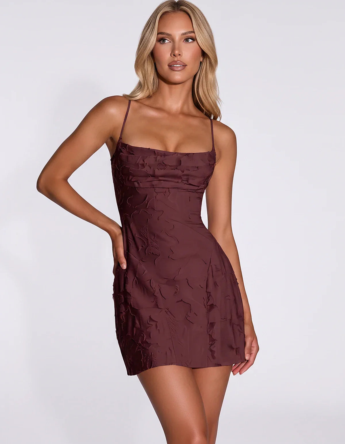 Floral Jacquard Spaghetti Strap Square Neck Fitted Mini Dress with Open Back for Party, Cocktail, Prom, Graduation, Wedding G | SKU: AMD-483917560284731-BURGUNDY-L,AMD-483917560284731-BURGUNDY-M,AMD-483917560284731-BURGUNDY-S,AMD-483917560284731-BURGUNDY-XL,AMD-483917560284731-BURGUNDY-XS