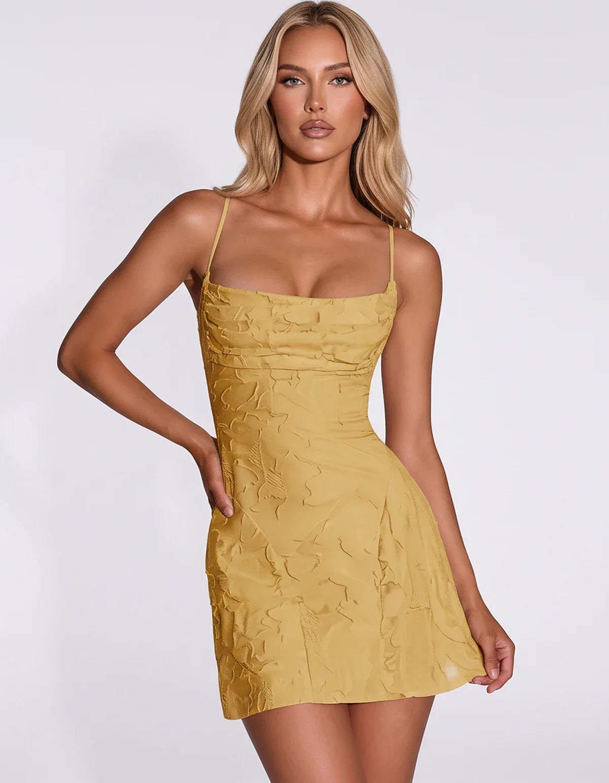 Floral Jacquard Spaghetti Strap Square Neck Fitted Mini Dress with Open Back for Party, Cocktail, Prom, Graduation, Wedding G | SKU: AMD-483917560284731-GOLD-L,AMD-483917560284731-GOLD-M,AMD-483917560284731-GOLD-S,AMD-483917560284731-GOLD-XL,AMD-483917560284731-GOLD-XS