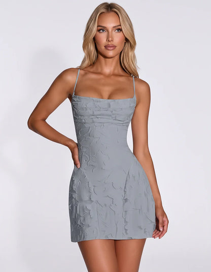 Floral Jacquard Spaghetti Strap Square Neck Fitted Mini Dress with Open Back for Party, Cocktail, Prom, Graduation, Wedding G | SKU: AMD-483917560284731-DUSTYBLUE-L,AMD-483917560284731-DUSTYBLUE-M,AMD-483917560284731-DUSTYBLUE-S,AMD-483917560284731-DUSTYBLUE-XL,AMD-483917560284731-DUSTYBLUE-XS