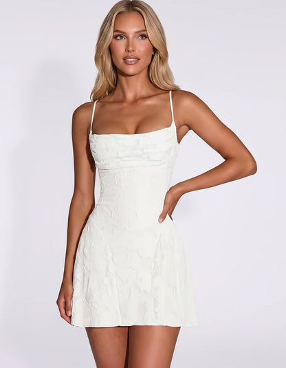 Floral Jacquard Spaghetti Strap Square Neck Fitted Mini Dress with Open Back for Party, Cocktail, Prom, Graduation, Wedding G | SKU: AMD-483917560284731-IVORY-L,AMD-483917560284731-IVORY-M,AMD-483917560284731-IVORY-S,AMD-483917560284731-IVORY-XL,AMD-483917560284731-IVORY-XS