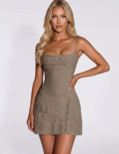 Floral Jacquard Spaghetti Strap Square Neck Fitted Mini Dress with Open Back for Party, Cocktail, Prom, Graduation, Wedding G | SKU: AMD-483917560284731-KHAKI-L,AMD-483917560284731-KHAKI-M,AMD-483917560284731-KHAKI-S,AMD-483917560284731-KHAKI-XL,AMD-483917560284731-KHAKI-XS