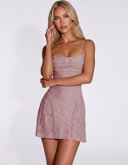 Floral Jacquard Spaghetti Strap Square Neck Fitted Mini Dress with Open Back for Party, Cocktail, Prom, Graduation, Wedding G | SKU: AMD-483917560284731-DUSTYPINK-L,AMD-483917560284731-DUSTYPINK-M,AMD-483917560284731-DUSTYPINK-S,AMD-483917560284731-DUSTYPINK-XL,AMD-483917560284731-DUSTYPINK-XS
