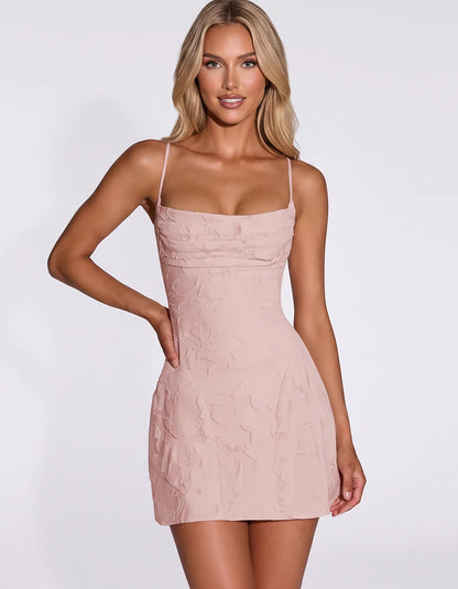 Floral Jacquard Spaghetti Strap Square Neck Fitted Mini Dress with Open Back for Party, Cocktail, Prom, Graduation, Wedding G | SKU: AMD-483917560284731-BLUSH-L,AMD-483917560284731-BLUSH-M,AMD-483917560284731-BLUSH-S,AMD-483917560284731-BLUSH-XL,AMD-483917560284731-BLUSH-XS