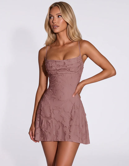 Floral Jacquard Spaghetti Strap Square Neck Fitted Mini Dress with Open Back for Party, Cocktail, Prom, Graduation, Wedding G | SKU: AMD-483917560284731-DUSTYROSE-L,AMD-483917560284731-DUSTYROSE-M,AMD-483917560284731-DUSTYROSE-S,AMD-483917560284731-DUSTYROSE-XL,AMD-483917560284731-DUSTYROSE-XS
