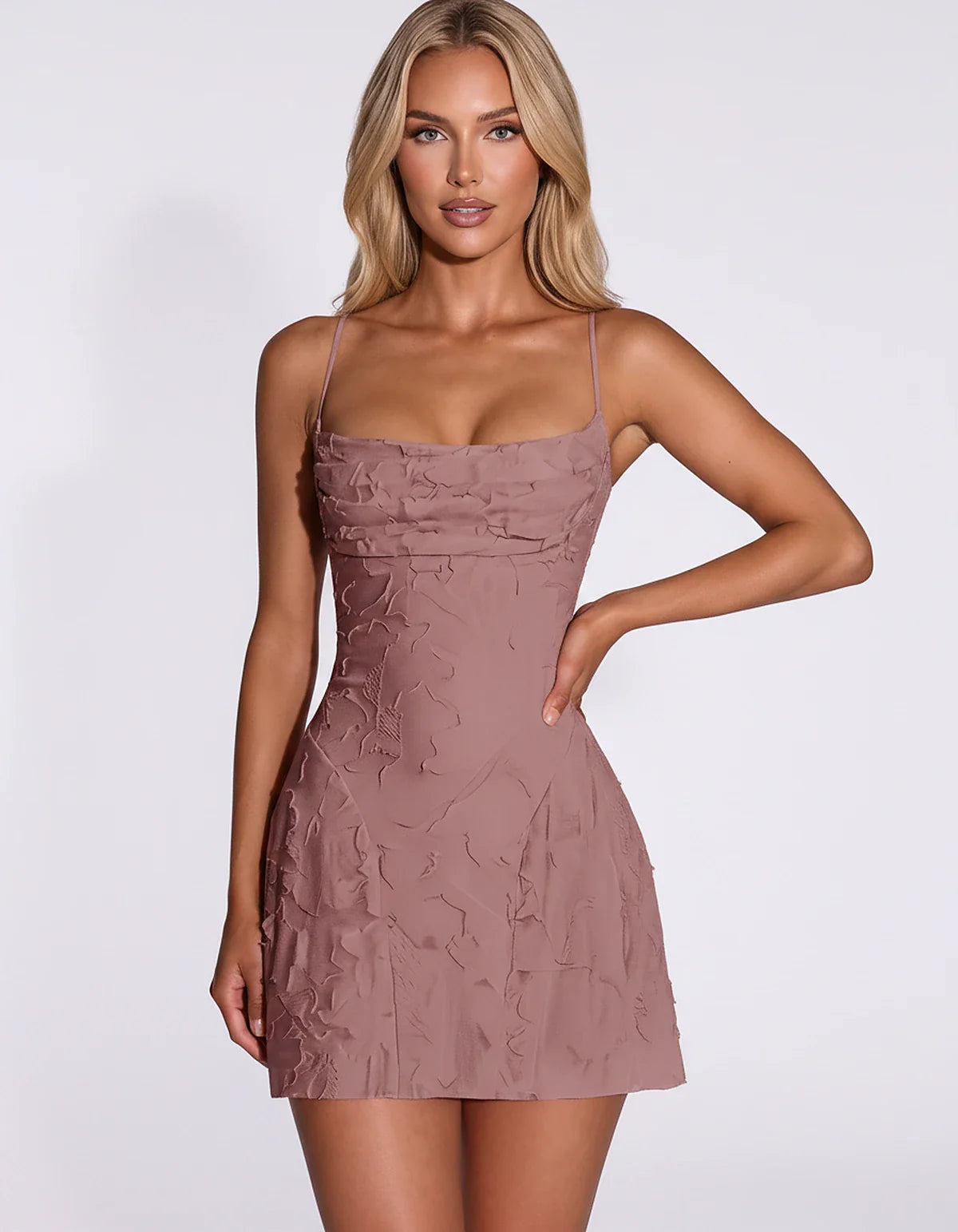 Floral Jacquard Spaghetti Strap Square Neck Fitted Mini Dress with Open Back for Party, Cocktail, Prom, Graduation, Wedding G | SKU: AMD-483917560284731-DUSTYROSE-L,AMD-483917560284731-DUSTYROSE-M,AMD-483917560284731-DUSTYROSE-S,AMD-483917560284731-DUSTYROSE-XL,AMD-483917560284731-DUSTYROSE-XS