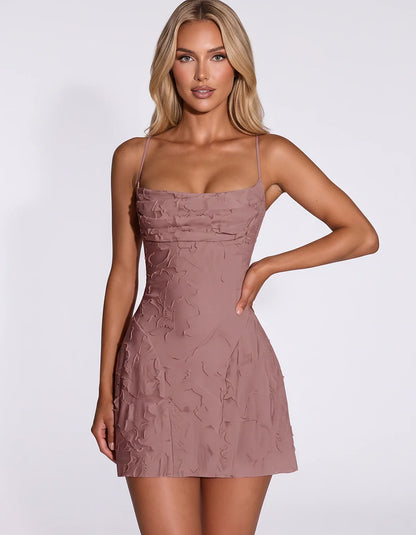 Floral Jacquard Spaghetti Strap Square Neck Fitted Mini Dress with Open Back for Party, Cocktail, Prom, Graduation, Wedding G | SKU: AMD-483917560284731-DUSTYROSE-L,AMD-483917560284731-DUSTYROSE-M,AMD-483917560284731-DUSTYROSE-S,AMD-483917560284731-DUSTYROSE-XL,AMD-483917560284731-DUSTYROSE-XS
