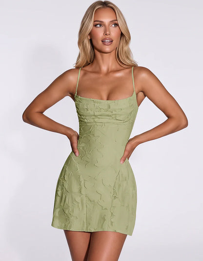 Floral Jacquard Spaghetti Strap Square Neck Fitted Mini Dress with Open Back for Party, Cocktail, Prom, Graduation, Wedding G | SKU: AMD-483917560284731-SAGE-L,AMD-483917560284731-SAGE-M,AMD-483917560284731-SAGE-S,AMD-483917560284731-SAGE-XL,AMD-483917560284731-SAGE-XS