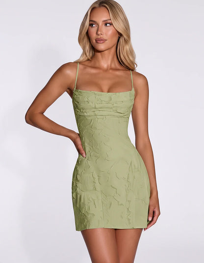 Floral Jacquard Spaghetti Strap Square Neck Fitted Mini Dress with Open Back for Party, Cocktail, Prom, Graduation, Wedding G | SKU: AMD-483917560284731-SAGE-L,AMD-483917560284731-SAGE-M,AMD-483917560284731-SAGE-S,AMD-483917560284731-SAGE-XL,AMD-483917560284731-SAGE-XS