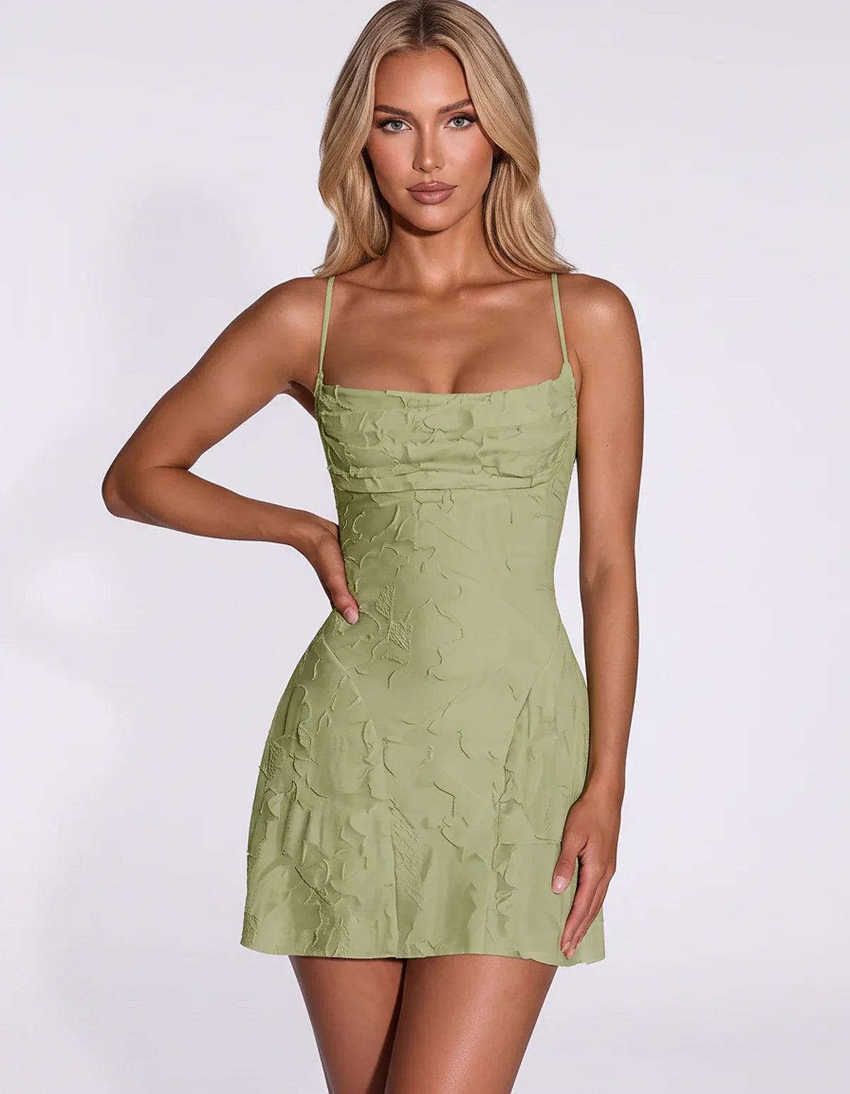 Floral Jacquard Spaghetti Strap Square Neck Fitted Mini Dress with Open Back for Party, Cocktail, Prom, Graduation, Wedding G | SKU: AMD-483917560284731-SAGE-L,AMD-483917560284731-SAGE-M,AMD-483917560284731-SAGE-S,AMD-483917560284731-SAGE-XL,AMD-483917560284731-SAGE-XS