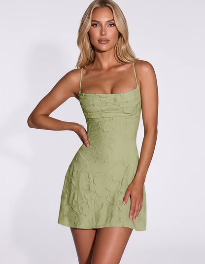 Floral Jacquard Spaghetti Strap Square Neck Fitted Mini Dress with Open Back for Party, Cocktail, Prom, Graduation, Wedding G | SKU: AMD-483917560284731-SAGE-L,AMD-483917560284731-SAGE-M,AMD-483917560284731-SAGE-S,AMD-483917560284731-SAGE-XL,AMD-483917560284731-SAGE-XS