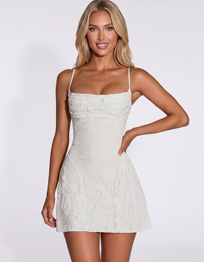 Floral Jacquard Spaghetti Strap Square Neck Fitted Mini Dress with Open Back for Party, Cocktail, Prom, Graduation, Wedding G | SKU: AMD-483917560284731-WHITE-L,AMD-483917560284731-WHITE-M,AMD-483917560284731-WHITE-S,AMD-483917560284731-WHITE-XL,AMD-483917560284731-WHITE-XS