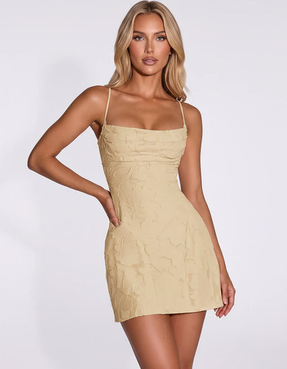 Floral Jacquard Spaghetti Strap Square Neck Fitted Mini Dress with Open Back for Party, Cocktail, Prom, Graduation, Wedding G | SKU: AMD-483917560284731-CHAMPAGNE-L,AMD-483917560284731-CHAMPAGNE-M,AMD-483917560284731-CHAMPAGNE-S,AMD-483917560284731-CHAMPAGNE-XL,AMD-483917560284731-CHAMPAGNE-XS