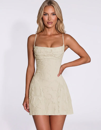 Floral Jacquard Spaghetti Strap Square Neck Fitted Mini Dress with Open Back for Party, Cocktail, Prom, Graduation, Wedding G | SKU: AMD-483917560284731-SAND-L,AMD-483917560284731-SAND-M,AMD-483917560284731-SAND-M,AMD-483917560284731-SAND-S,AMD-483917560284731-SAND-XS