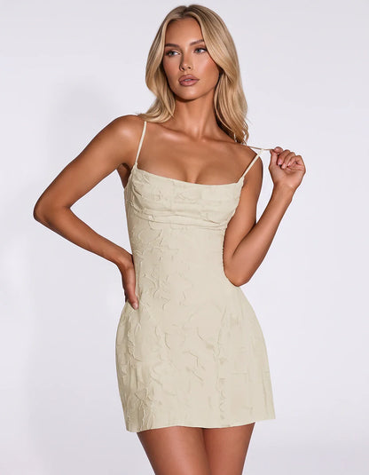Floral Jacquard Spaghetti Strap Square Neck Fitted Mini Dress with Open Back for Party, Cocktail, Prom, Graduation, Wedding G | SKU: AMD-483917560284731-SAND-L,AMD-483917560284731-SAND-M,AMD-483917560284731-SAND-M,AMD-483917560284731-SAND-S,AMD-483917560284731-SAND-XS