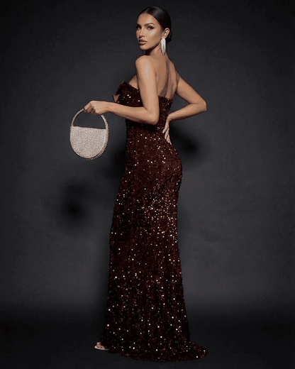Bali Maxi Dress in shimmering red satin, strapless design perfect for evening events by RAMBLION.