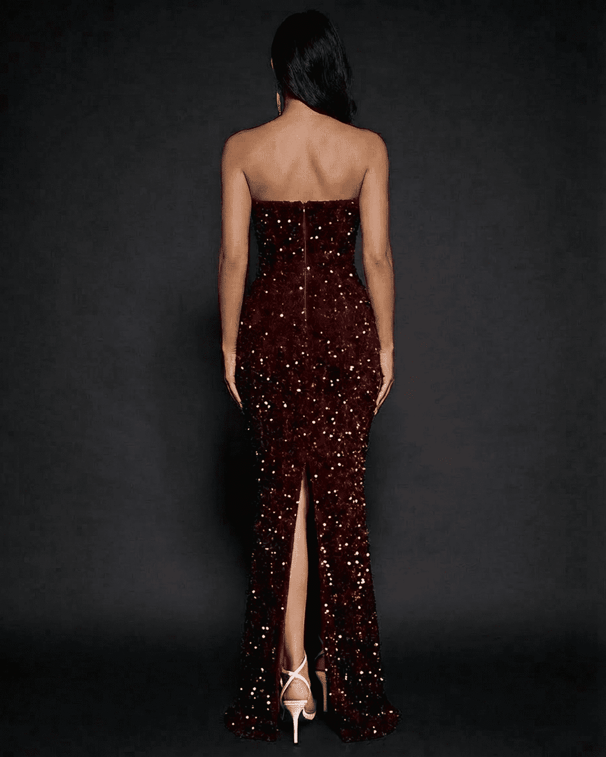 Bali Maxi Dress - Strapless red ankle-length dress with sequins, perfect for evening occasions by RAMBLION.