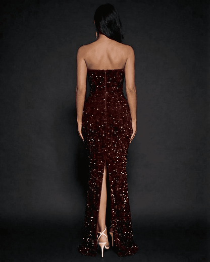 Bali Maxi Dress - Strapless red ankle-length dress with sequins, perfect for evening occasions by RAMBLION.