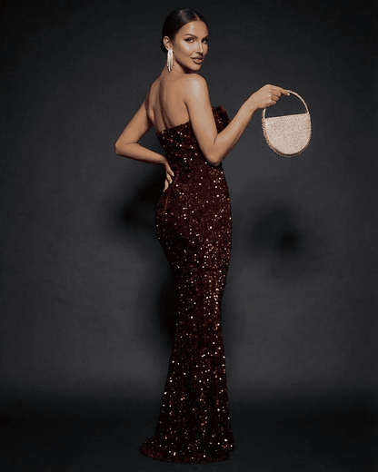Bali Maxi Dress in deep red sequins, strapless design, perfect for evening occasions, by RAMBLION.
