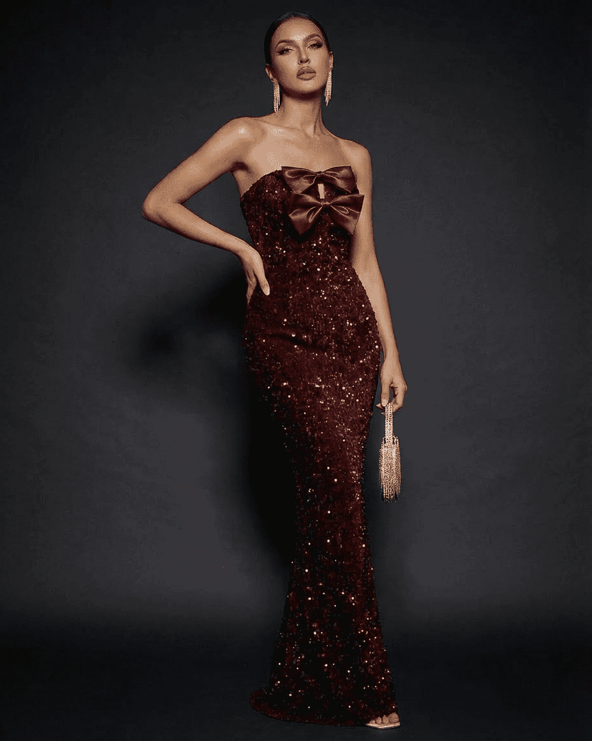 Bali Maxi Dress in red, strapless with sequins, elegant evening wear by RAMBLION.