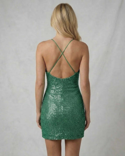 Bali Mini Dress - Emerald green sequin overlay mini dress from RAMBLION, perfect for making a stylish statement at events.