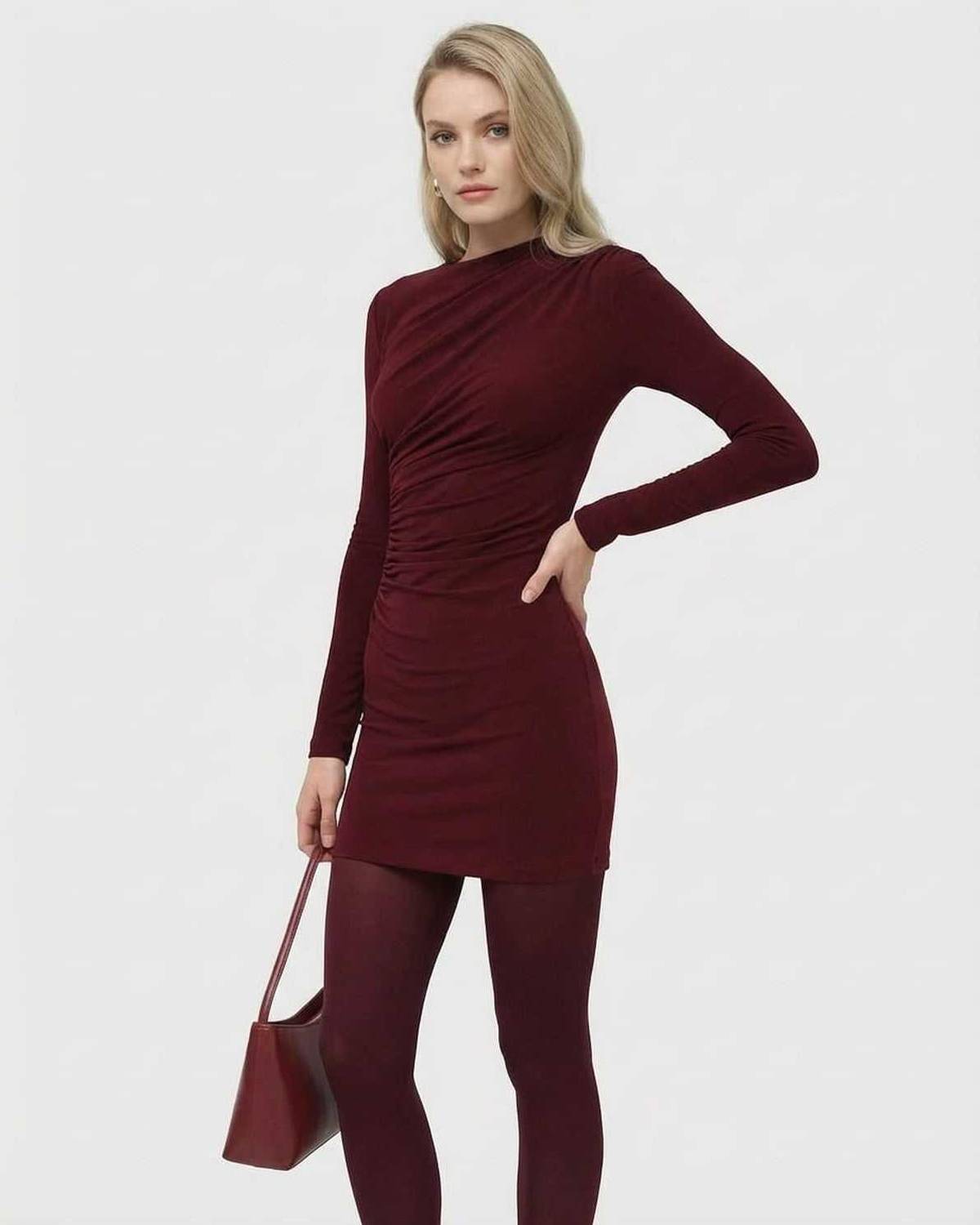 Bari Mini Dress in deep red, featuring a round neck, sleek silhouette, perfect for chic occasions, by RAMBLION.