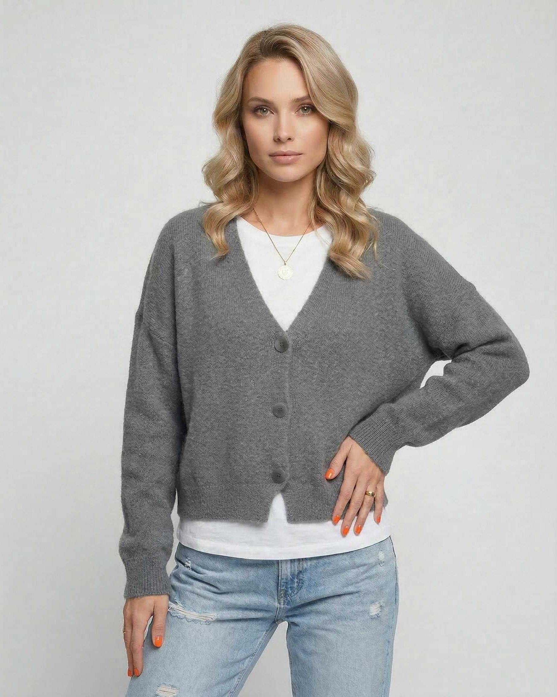 Batik Cardigan in grey, lightweight knit for effortless layering, perfect for casual and polished looks by RAMBLION.