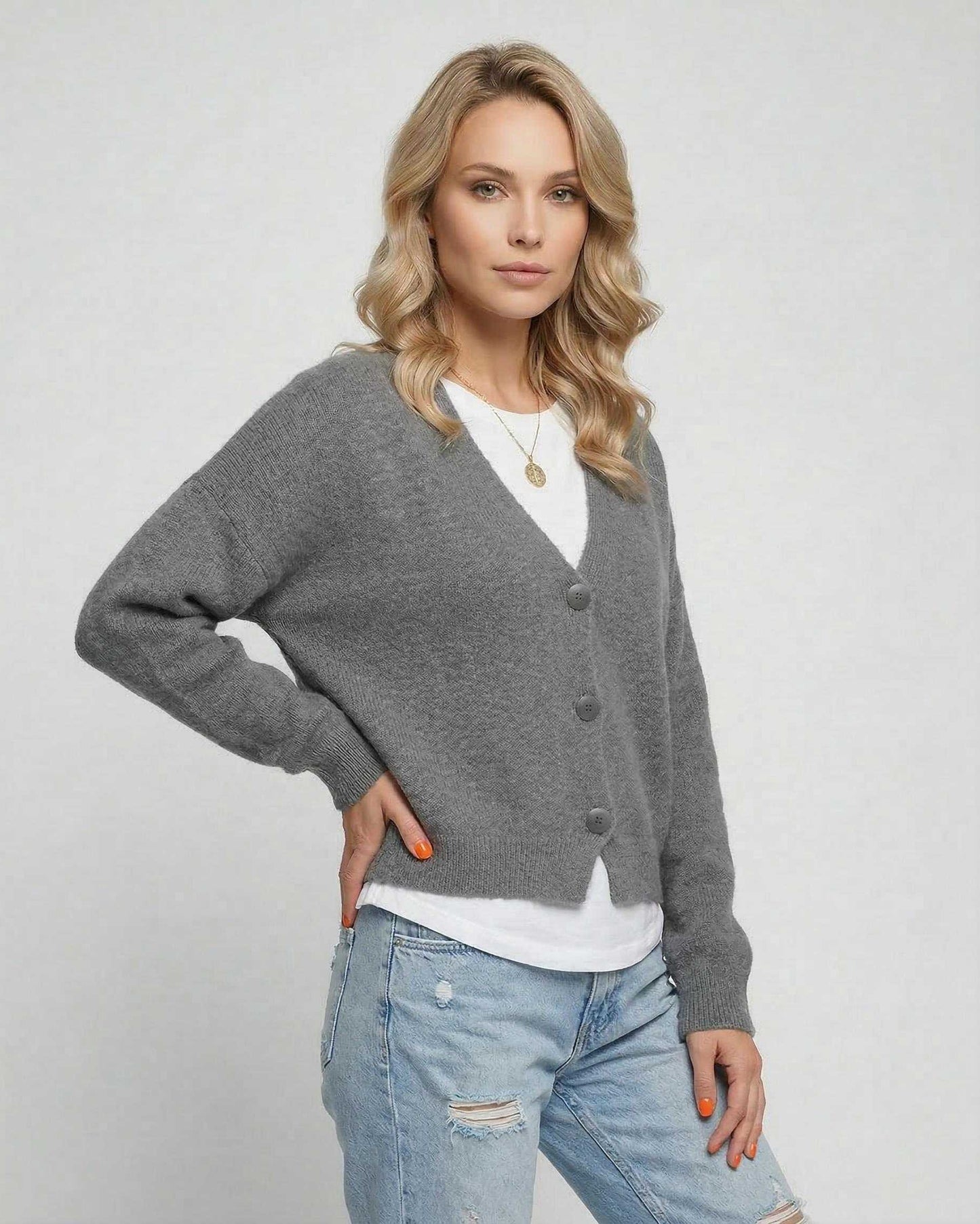 Batik Cardigan in grey, featuring a relaxed fit, perfect for casual and polished outfits by RAMBLION.