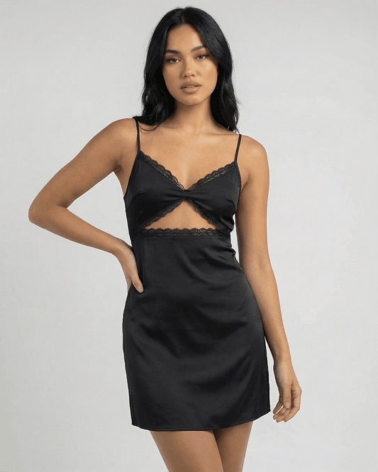 Baux Mini Dress featuring a V-neck, lace trim, crafted in black satin, perfect for summer outings, by RAMBLION.