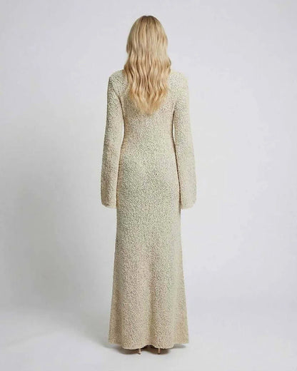 Beige Bodycon Crew Neck Long Sleeve Maxi Dress | Black-Tie Events & Casual Outings, back view | Ramblion | SKU: SMD-48273-beige-L-7272,SMD-48273-beige-M-7701,SMD-48273-beige-S-6408,SMD-48273-beige-XL-4723,SMD-48273-beige-XS-7886
