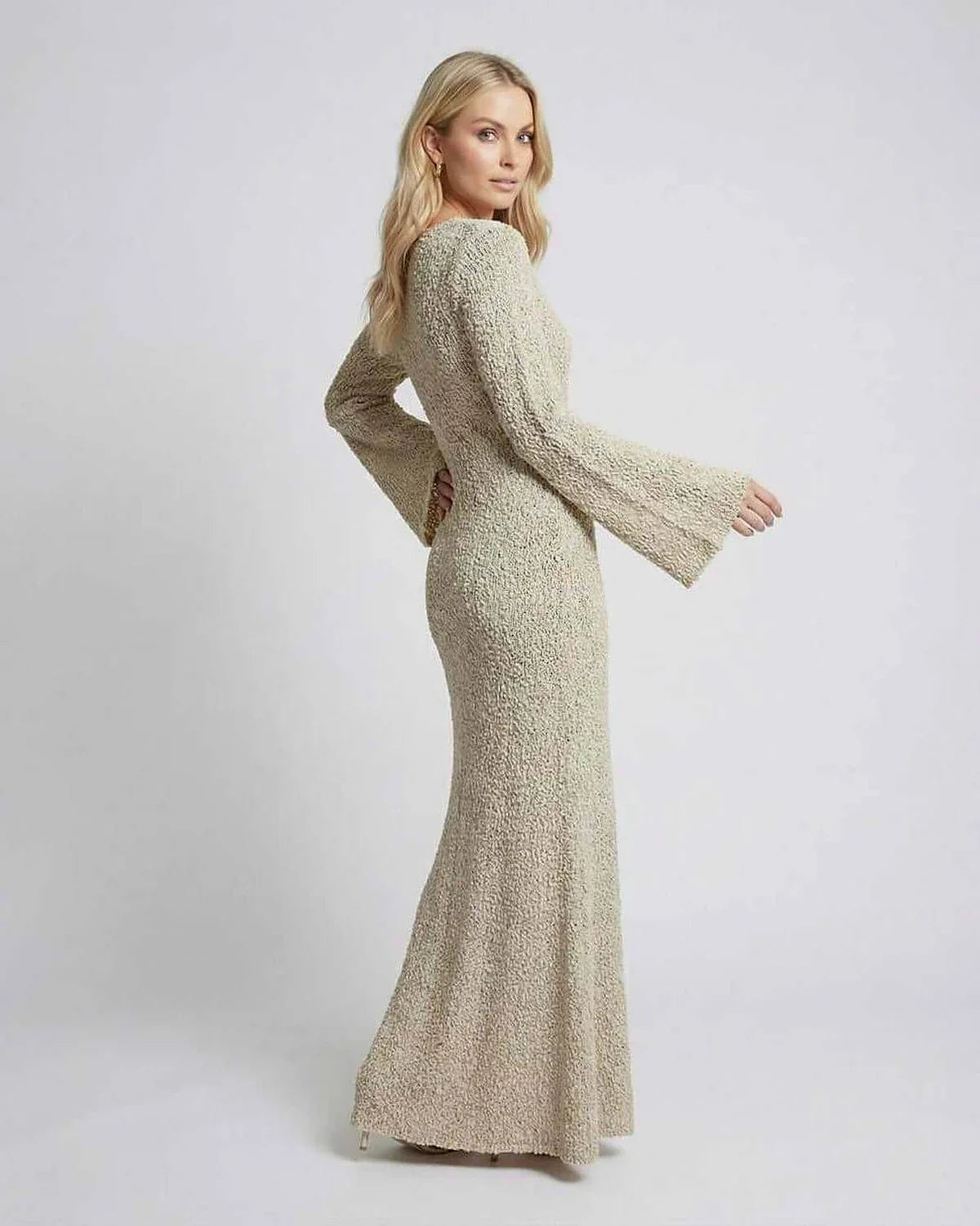 Beige Bodycon Crew Neck Long Sleeve Maxi Dress | Black-Tie Events & Casual Outings, side view | Ramblion | SKU: SMD-48273-beige-L-7272,SMD-48273-beige-M-7701,SMD-48273-beige-S-6408,SMD-48273-beige-XL-4723,SMD-48273-beige-XS-7886