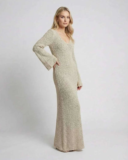 Beige Bodycon Crew Neck Long Sleeve Maxi Dress | Black-Tie Events & Casual Outings, side view | Ramblion | SKU: SMD-48273-beige-L-7272,SMD-48273-beige-M-7701,SMD-48273-beige-S-6408,SMD-48273-beige-XL-4723,SMD-48273-beige-XS-7886