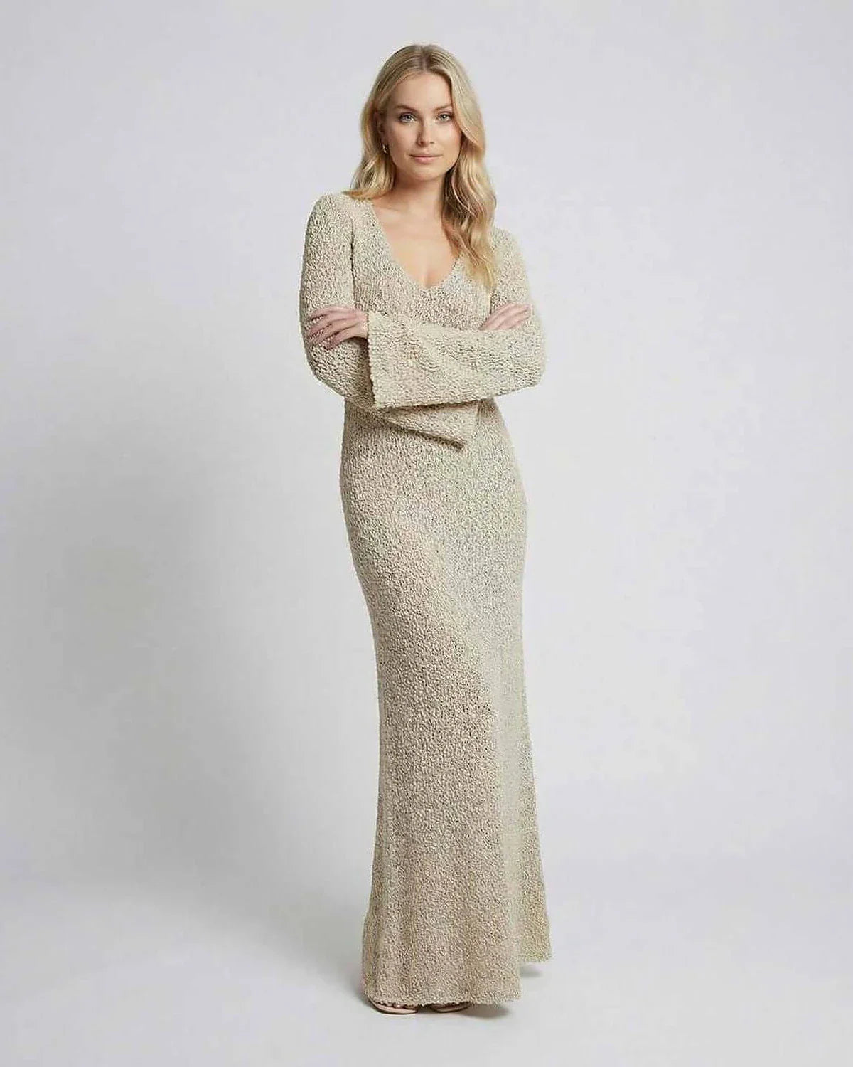 Beige Bodycon Crew Neck Long Sleeve Maxi Dress | Black-Tie Events & Casual Outings, front view | Ramblion | SKU: SMD-48273-beige-L-7272,SMD-48273-beige-M-7701,SMD-48273-beige-S-6408,SMD-48273-beige-XL-4723,SMD-48273-beige-XS-7886