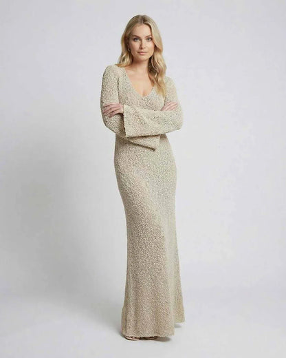 Beige Bodycon Crew Neck Long Sleeve Maxi Dress | Black-Tie Events & Casual Outings, front view | Ramblion | SKU: SMD-48273-beige-L-7272,SMD-48273-beige-M-7701,SMD-48273-beige-S-6408,SMD-48273-beige-XL-4723,SMD-48273-beige-XS-7886