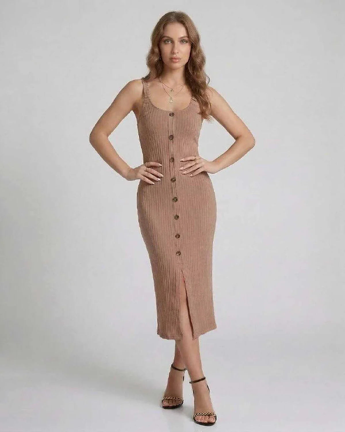 Beige Bodycon Round Neck Sleeveless Midi Dress | Formal Events, Evening Parties, Everyday Wear & Weekend Wear, front view | R | SKU: CMD-864205731-beige-L-9296,CMD-864205731-beige-M-4162,CMD-864205731-beige-S-5763,CMD-864205731-beige-XL-7069,CMD-864205731-beige-XS-9272
